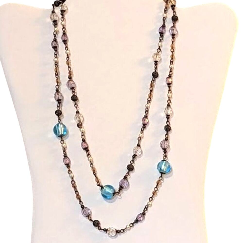 Boho Antiqued Bronze Glass Filigree Metal & Faux Pearl Bead Chain 42" Necklace